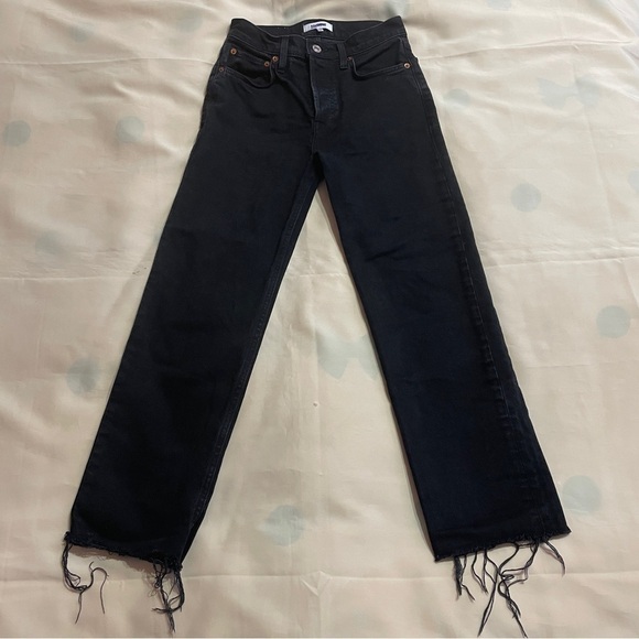 Re/Done- 70s High Rise Stovepipe Distressed Frayed Hem Jeans In Faded Black 26 - Picture 3 of 10